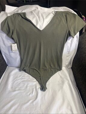 Mudd Olive Ribbed V-Neck Bodysuit